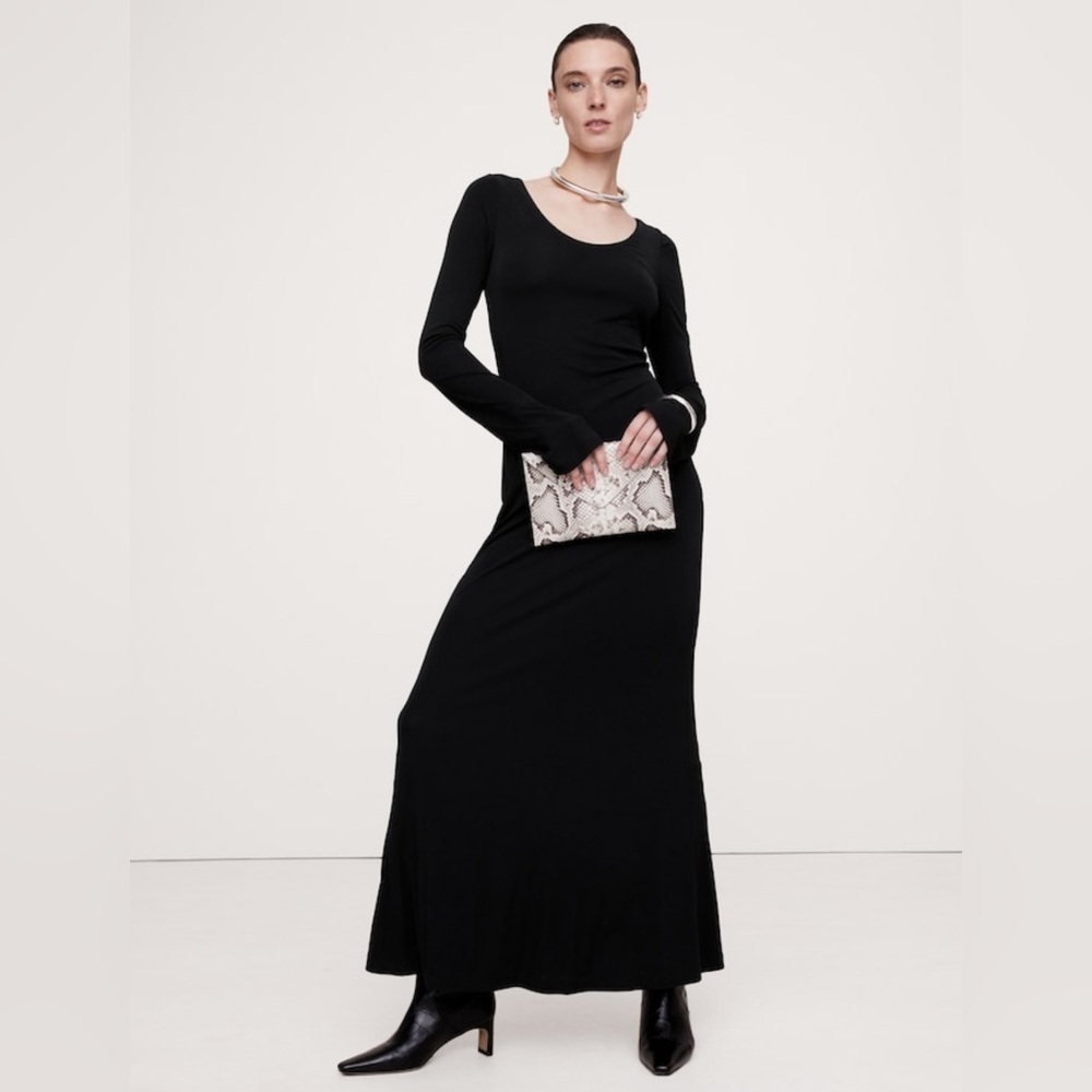 NWT Banana Republic Crepe Knit Scoop Neck Maxi Black Dresss Size XXS Petite.